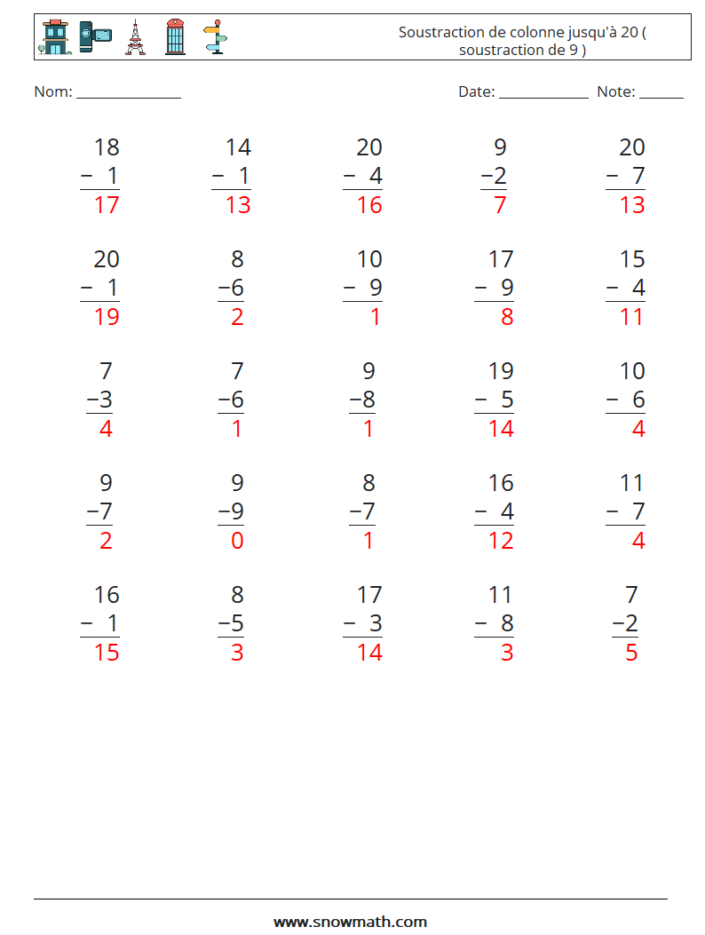 (25) Soustraction de colonne jusqu'à 20 ( soustraction de 9 ) Fiches d'Exercices de Mathématiques 8 Question, Réponse