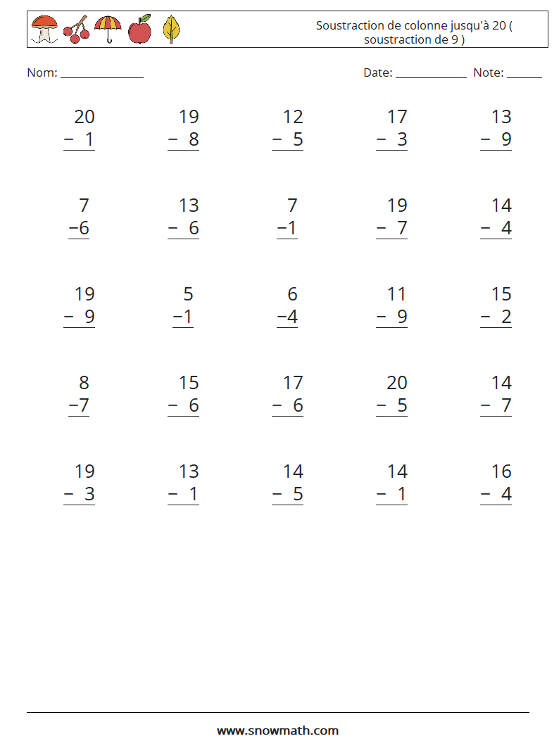 (25) Soustraction de colonne jusqu'à 20 ( soustraction de 9 ) Fiches d'Exercices de Mathématiques 9