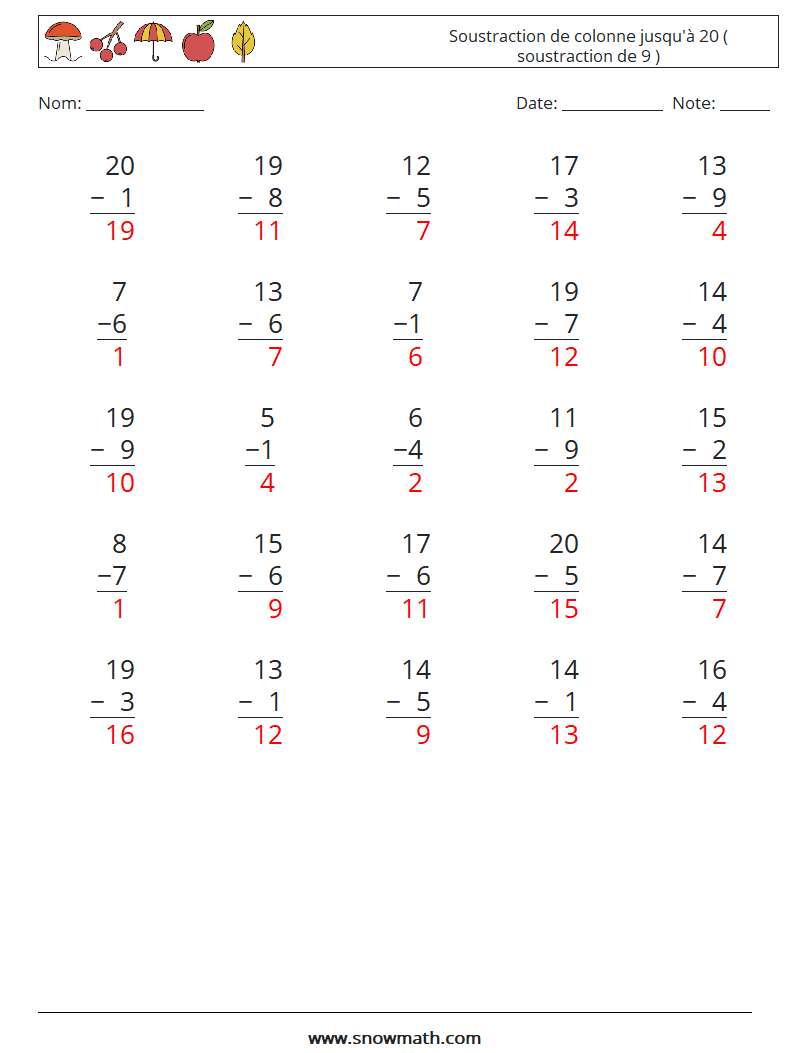 (25) Soustraction de colonne jusqu'à 20 ( soustraction de 9 ) Fiches d'Exercices de Mathématiques 9 Question, Réponse