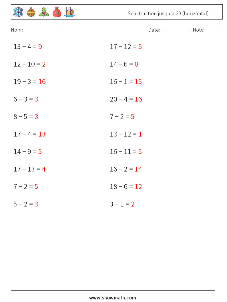 (20) Soustraction jusqu'à 20 (horizontal) Fiches d'Exercices de Mathématiques 1 Question, Réponse