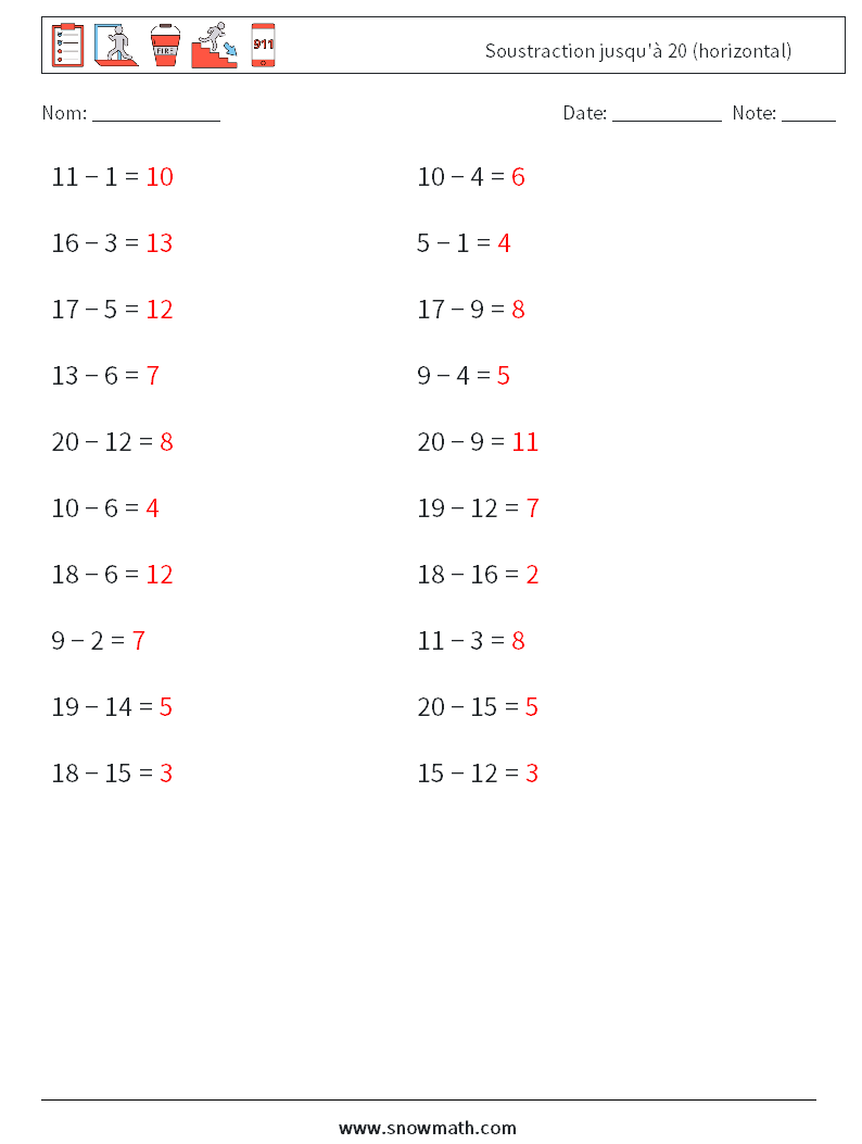 (20) Soustraction jusqu'à 20 (horizontal) Fiches d'Exercices de Mathématiques 2 Question, Réponse