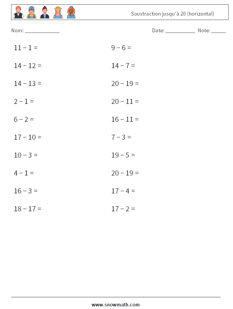 (20) Soustraction jusqu'à 20 (horizontal) Fiches d'Exercices de Mathématiques 3