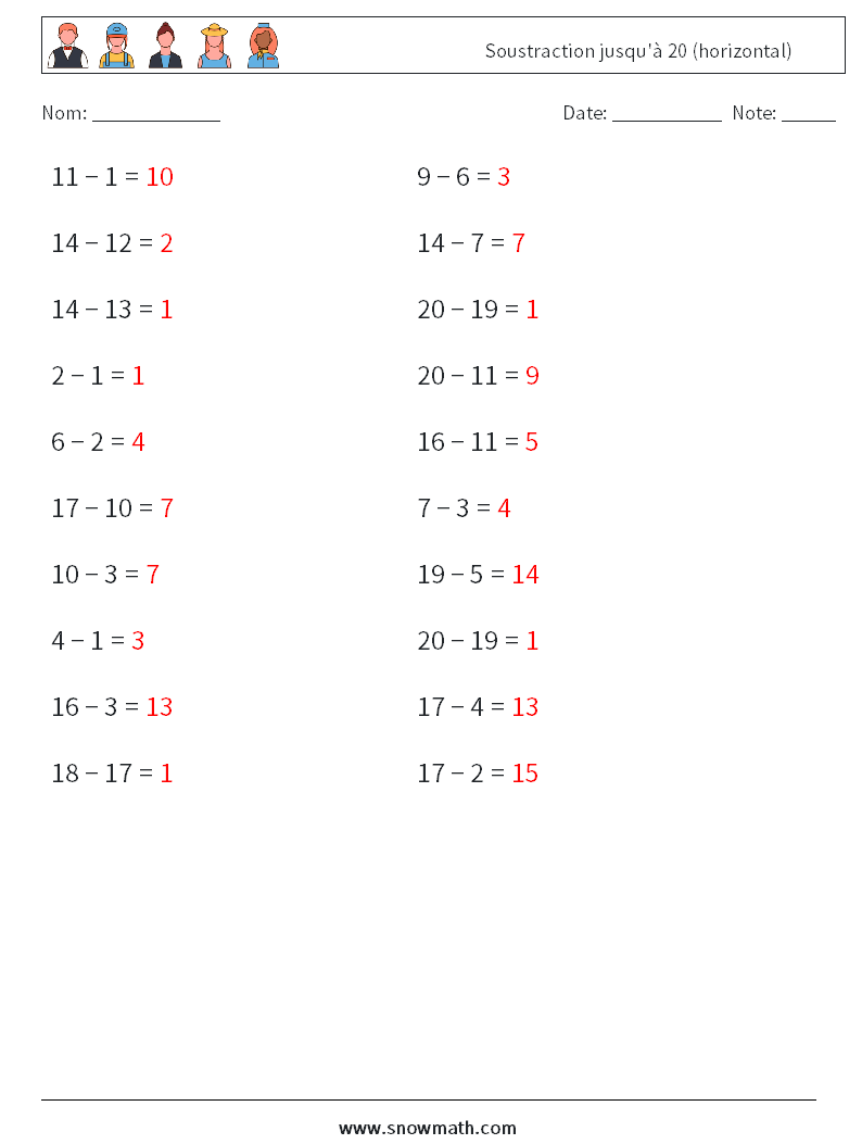 (20) Soustraction jusqu'à 20 (horizontal) Fiches d'Exercices de Mathématiques 3 Question, Réponse