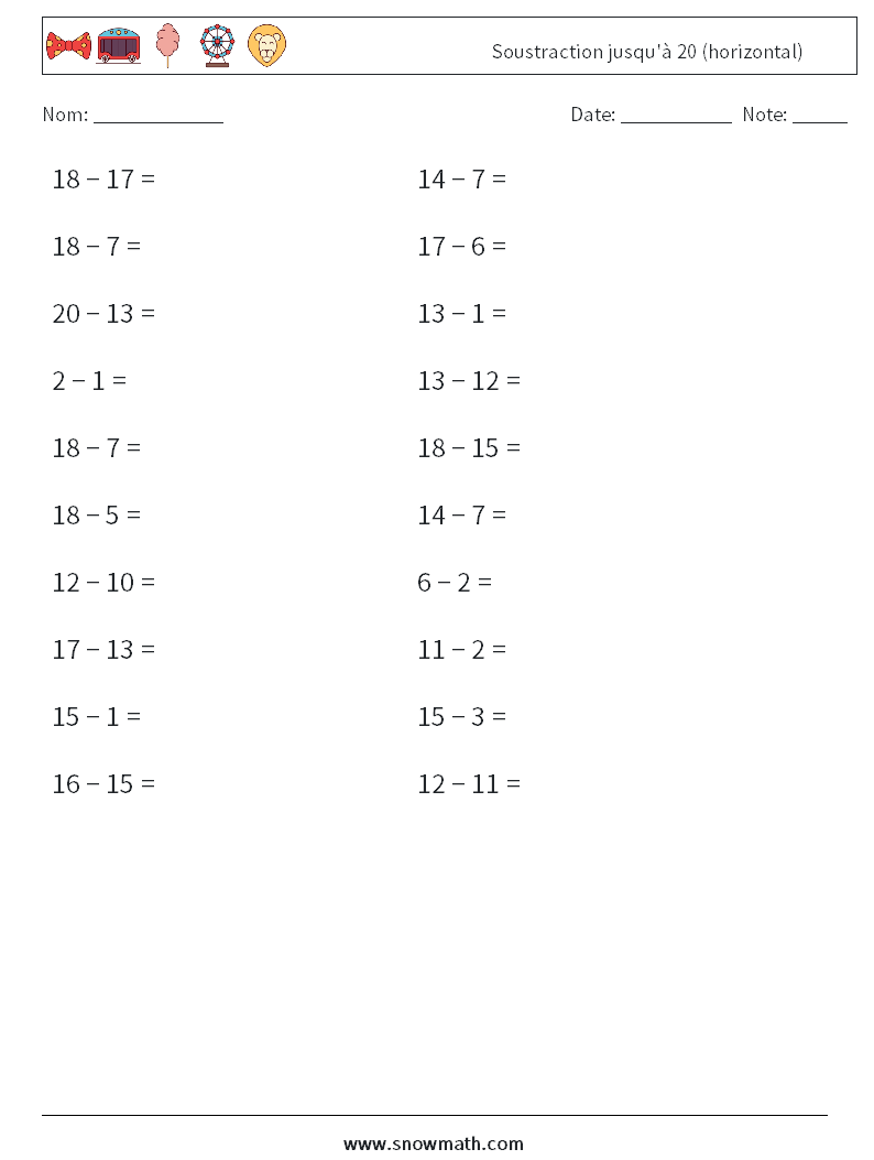 (20) Soustraction jusqu'à 20 (horizontal) Fiches d'Exercices de Mathématiques 4