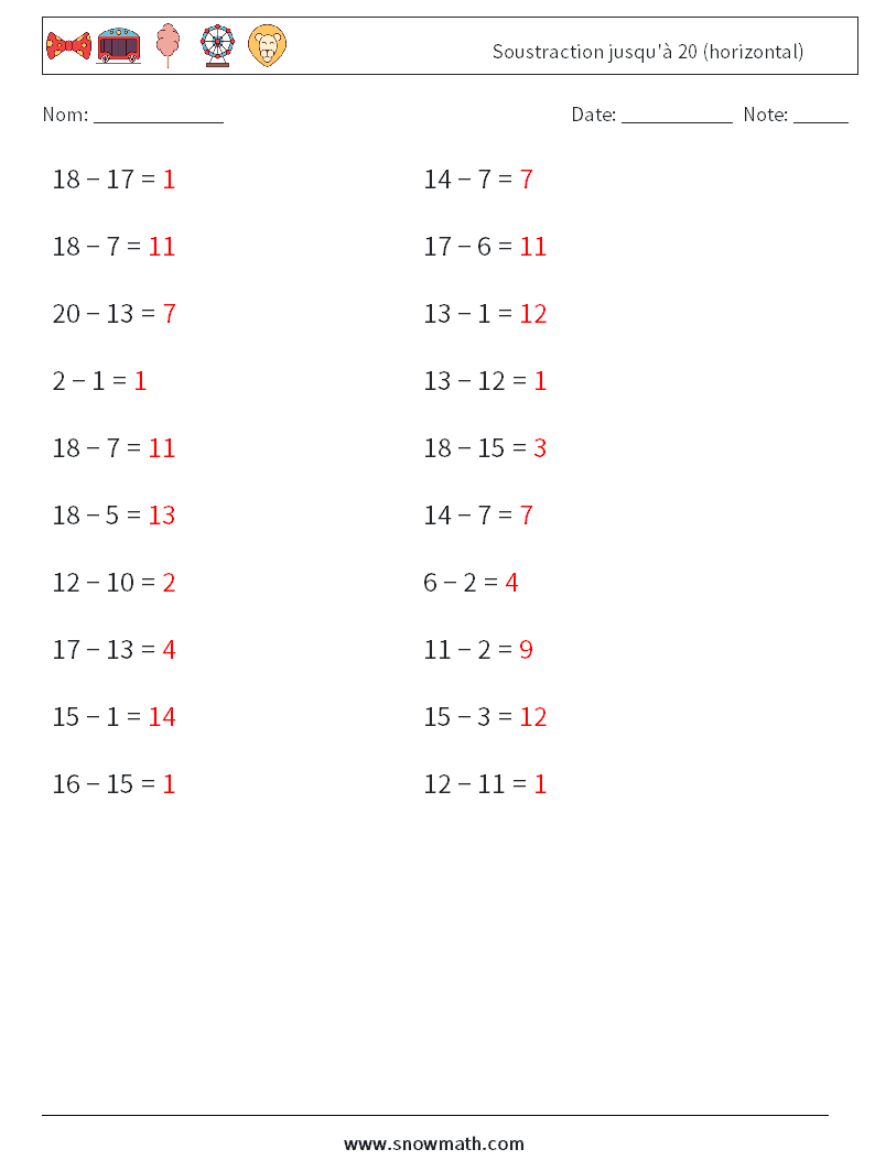 (20) Soustraction jusqu'à 20 (horizontal) Fiches d'Exercices de Mathématiques 4 Question, Réponse