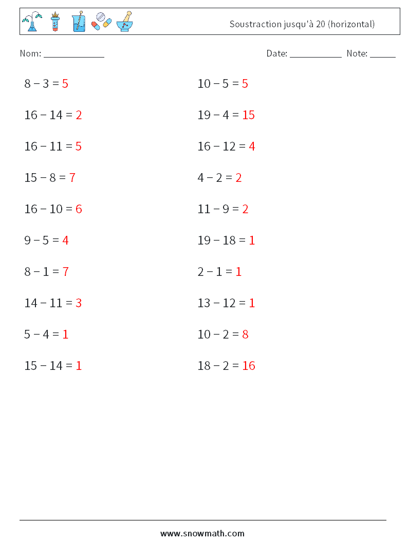 (20) Soustraction jusqu'à 20 (horizontal) Fiches d'Exercices de Mathématiques 5 Question, Réponse