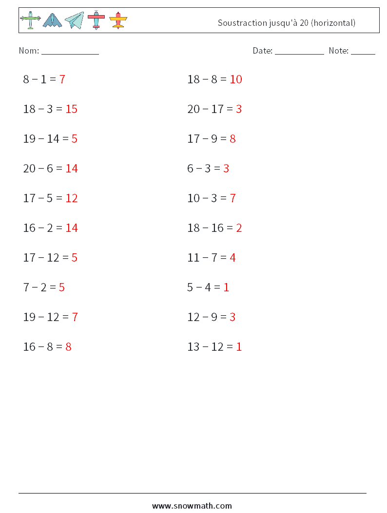 (20) Soustraction jusqu'à 20 (horizontal) Fiches d'Exercices de Mathématiques 6 Question, Réponse