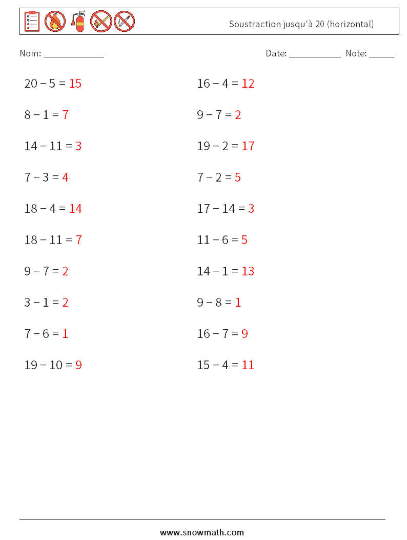 (20) Soustraction jusqu'à 20 (horizontal) Fiches d'Exercices de Mathématiques 7 Question, Réponse