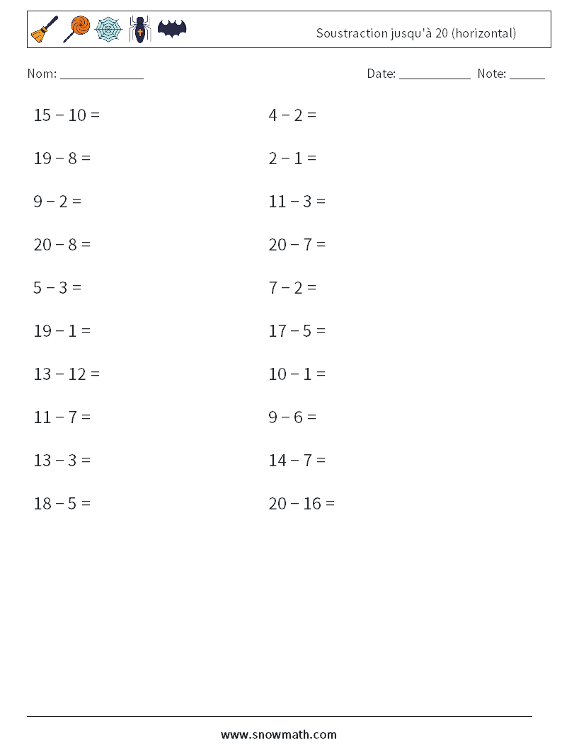 (20) Soustraction jusqu'à 20 (horizontal) Fiches d'Exercices de Mathématiques 8