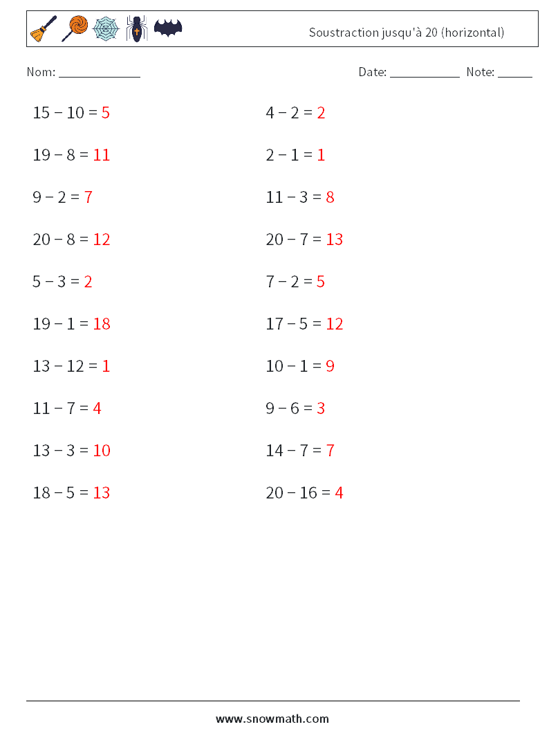 (20) Soustraction jusqu'à 20 (horizontal) Fiches d'Exercices de Mathématiques 8 Question, Réponse