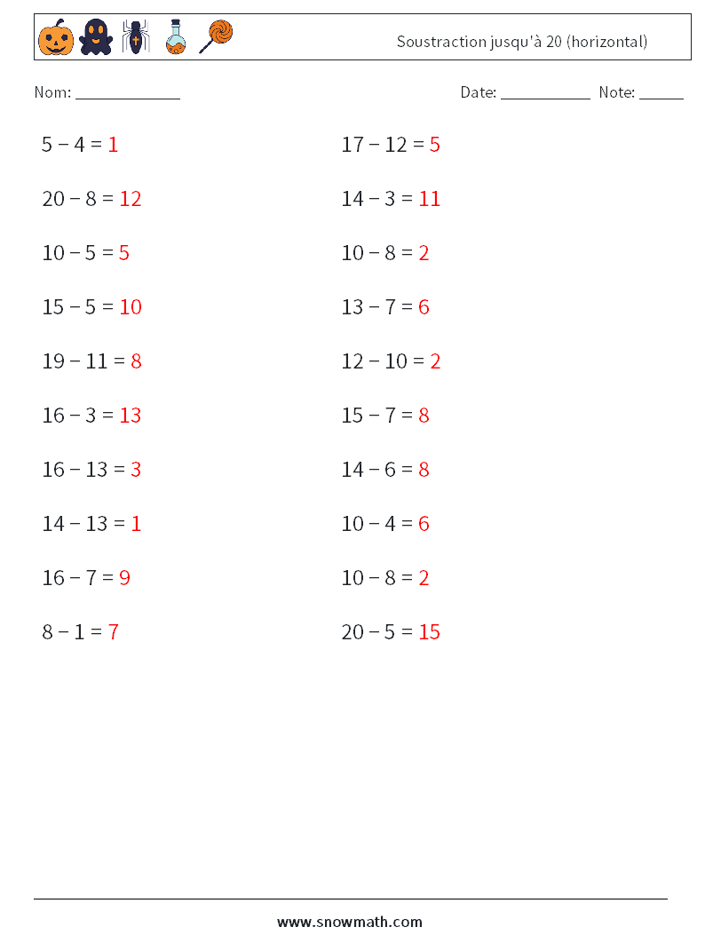 (20) Soustraction jusqu'à 20 (horizontal) Fiches d'Exercices de Mathématiques 9 Question, Réponse