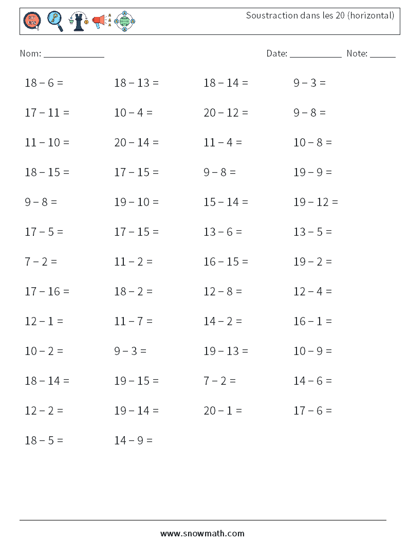 (50) Soustraction dans les 20 (horizontal) Fiches d'Exercices de Mathématiques 1