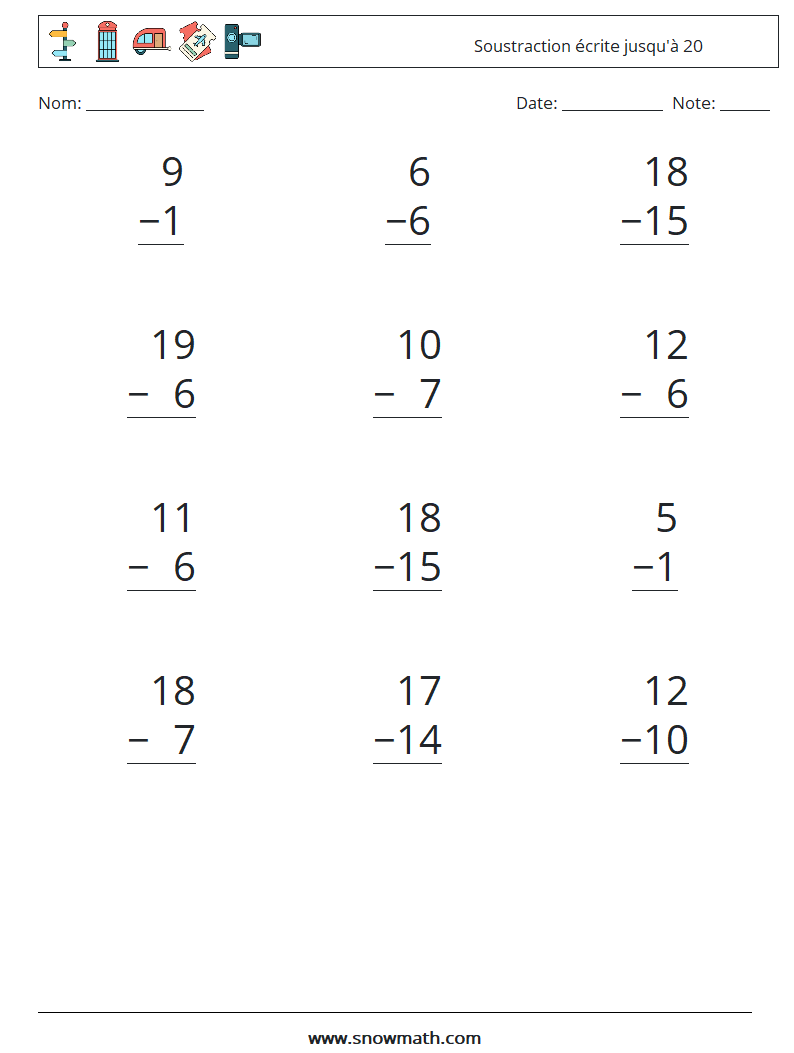 (12) Soustraction écrite jusqu'à 20