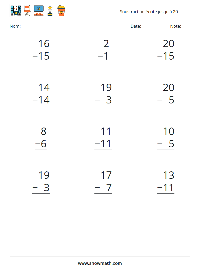 (12) Soustraction écrite jusqu'à 20 Fiches d'Exercices de Mathématiques 3