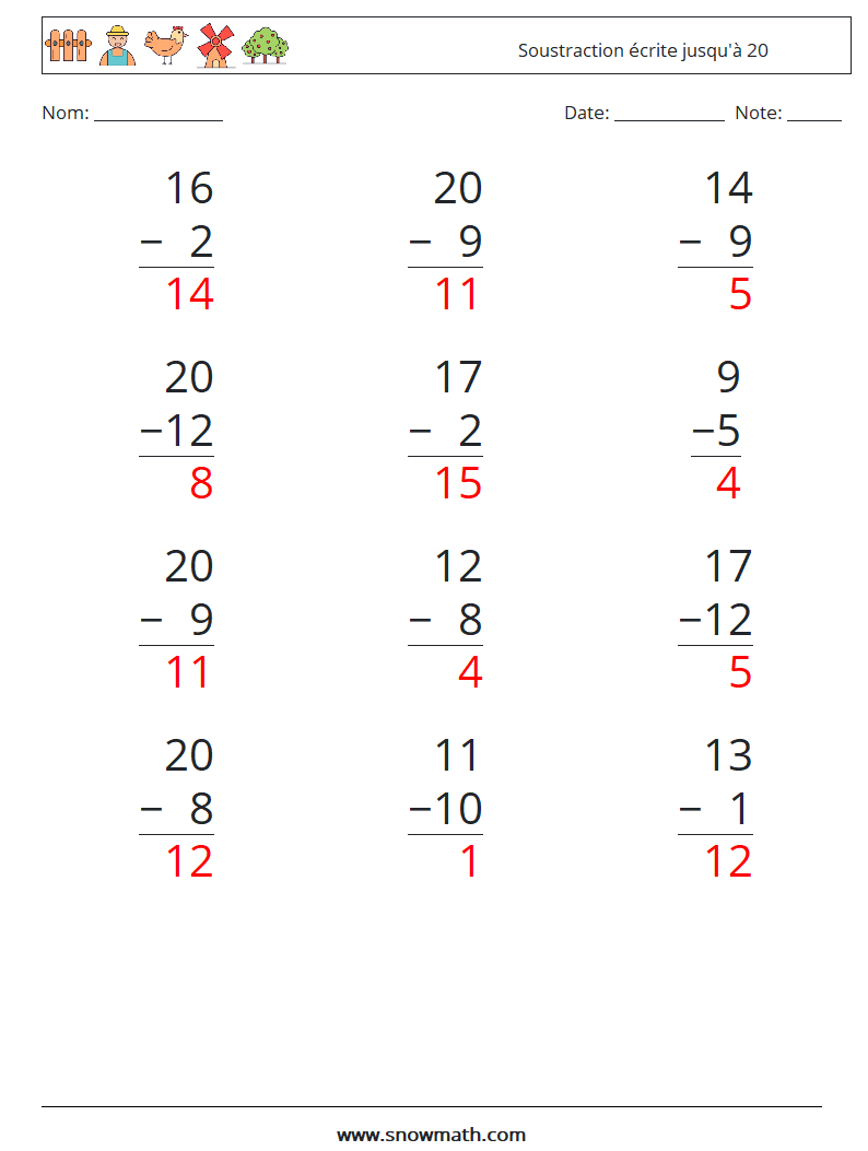 (12) Soustraction écrite jusqu'à 20 Fiches d'Exercices de Mathématiques 4 Question, Réponse