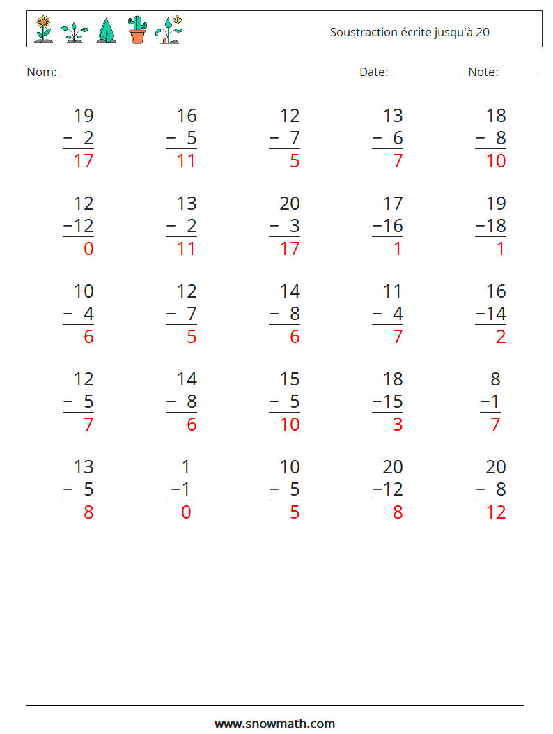 (25) Soustraction écrite jusqu'à 20 Fiches d'Exercices de Mathématiques 10 Question, Réponse