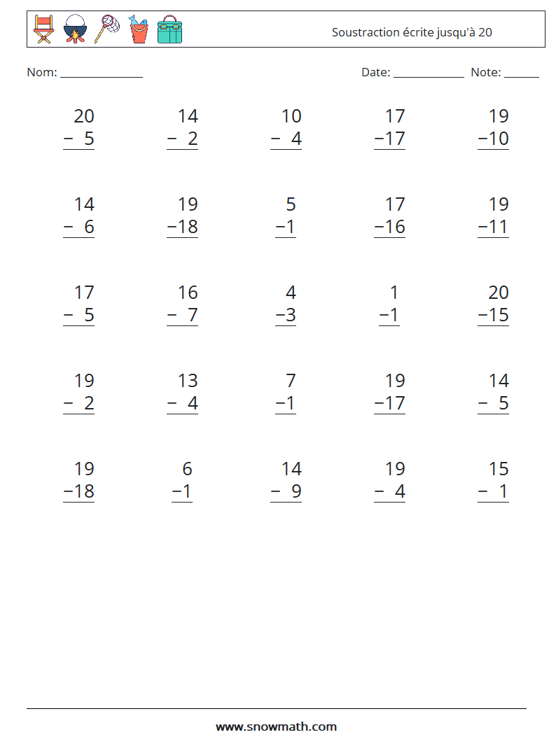 (25) Soustraction écrite jusqu'à 20 Fiches d'Exercices de Mathématiques 11