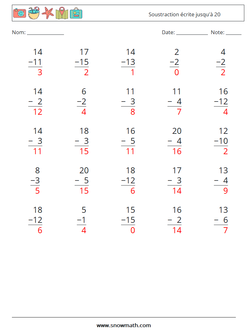 (25) Soustraction écrite jusqu'à 20 Fiches d'Exercices de Mathématiques 13 Question, Réponse