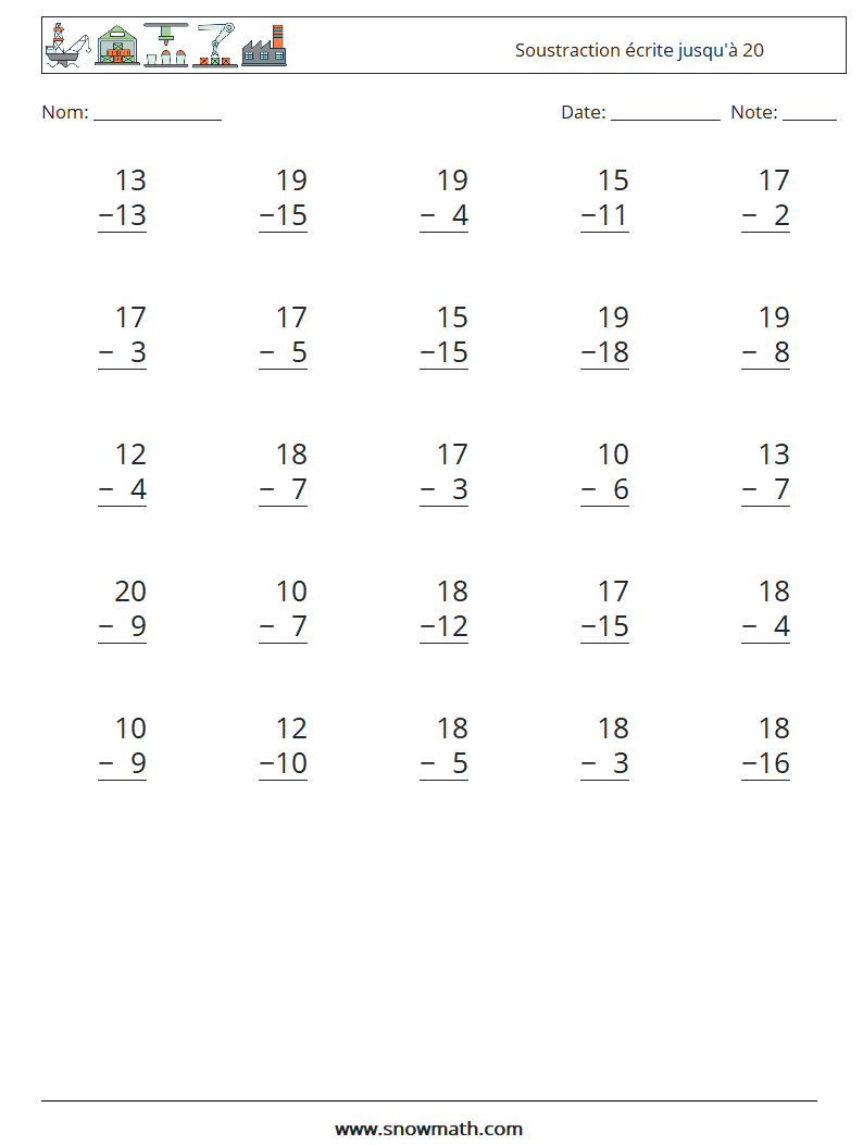 (25) Soustraction écrite jusqu'à 20 Fiches d'Exercices de Mathématiques 15