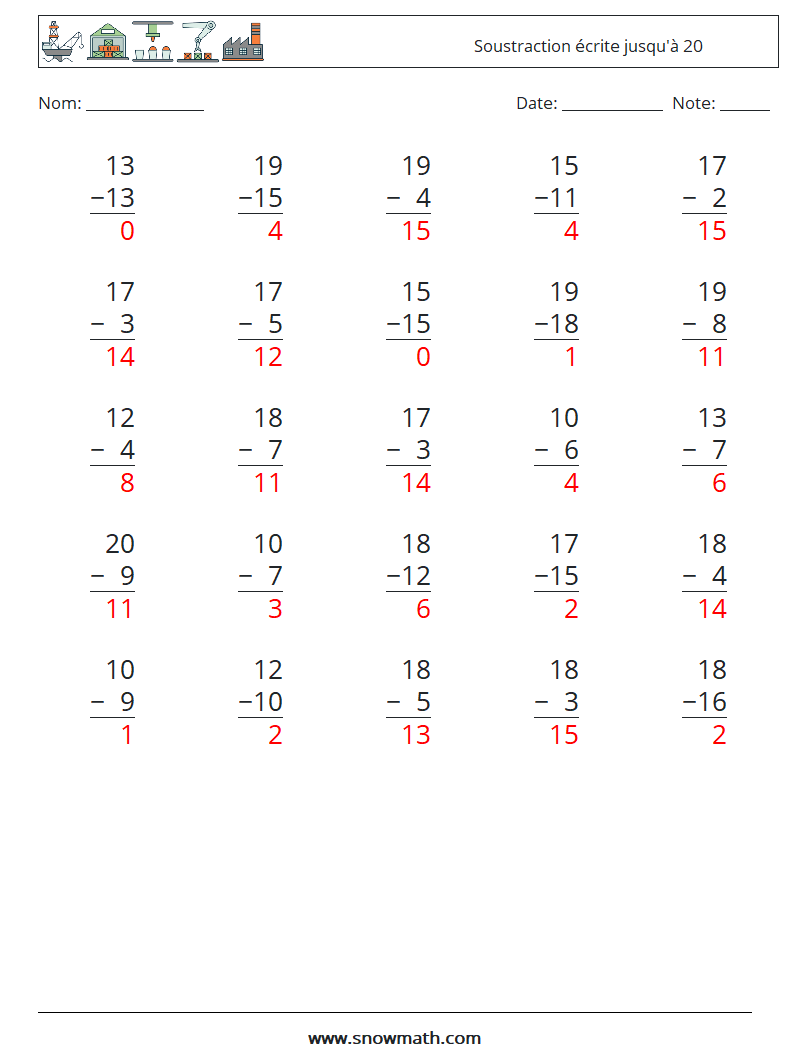 (25) Soustraction écrite jusqu'à 20 Fiches d'Exercices de Mathématiques 15 Question, Réponse