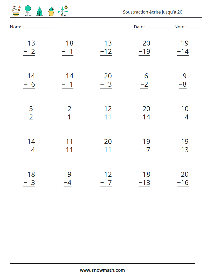 (25) Soustraction écrite jusqu'à 20 Fiches d'Exercices de Mathématiques 17