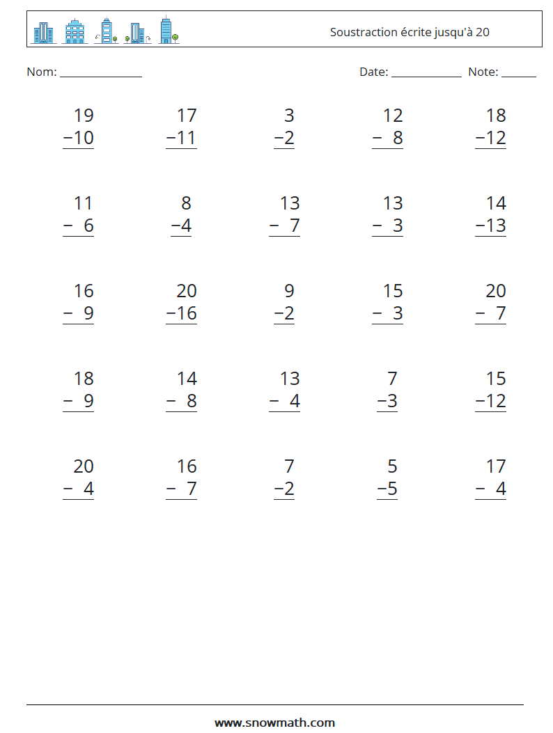 (25) Soustraction écrite jusqu'à 20 Fiches d'Exercices de Mathématiques 18