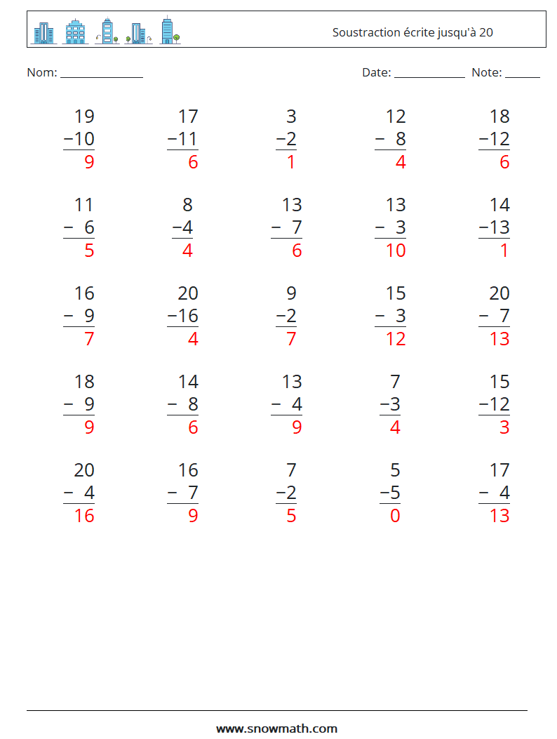 (25) Soustraction écrite jusqu'à 20 Fiches d'Exercices de Mathématiques 18 Question, Réponse