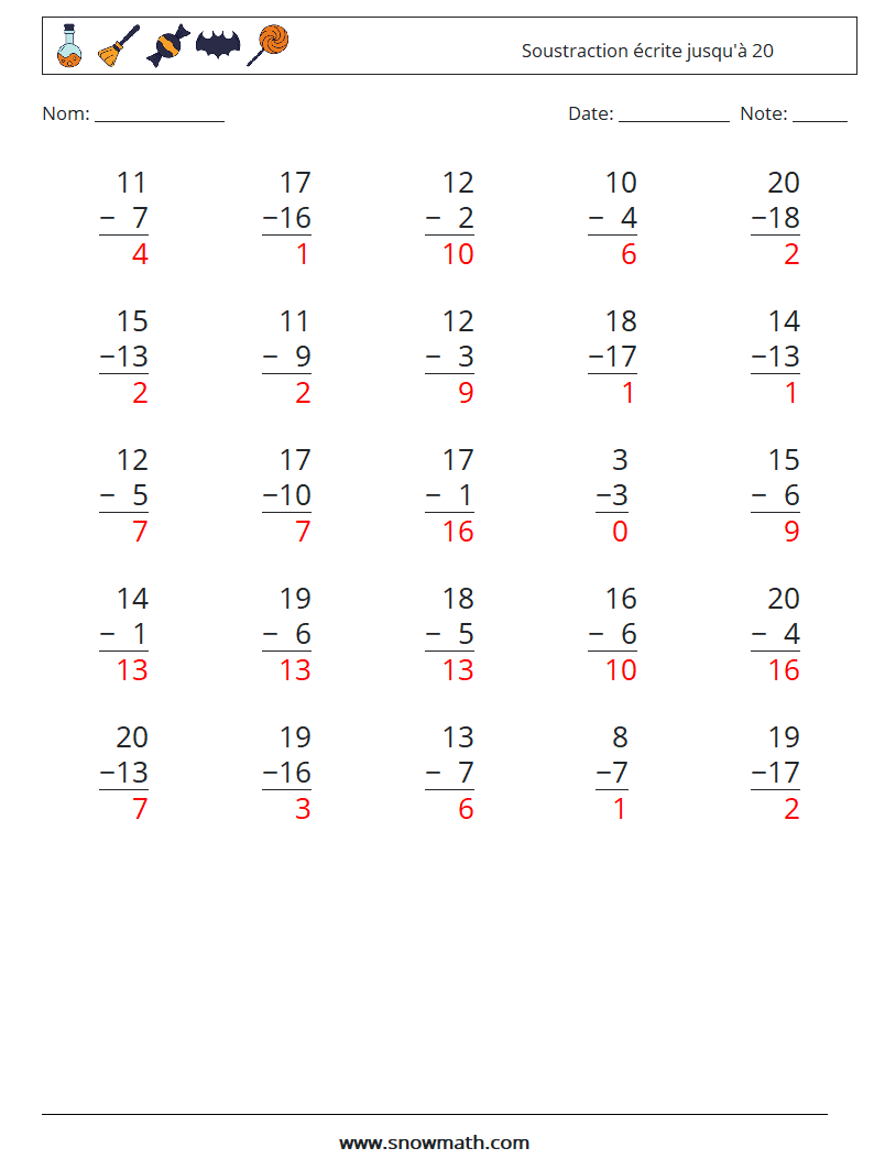 (25) Soustraction écrite jusqu'à 20 Fiches d'Exercices de Mathématiques 1 Question, Réponse