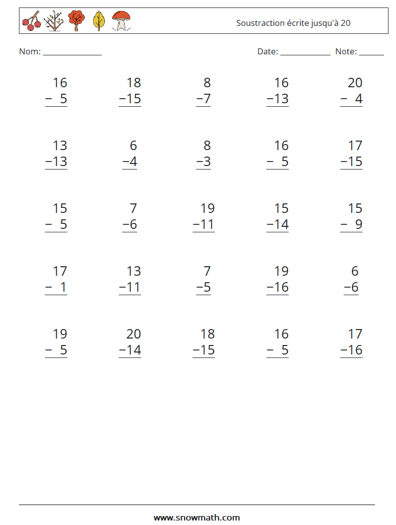 (25) Soustraction écrite jusqu'à 20 Fiches d'Exercices de Mathématiques 2