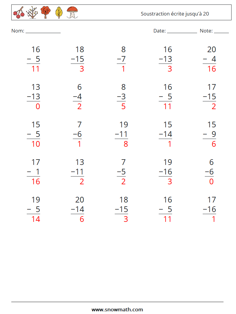 (25) Soustraction écrite jusqu'à 20 Fiches d'Exercices de Mathématiques 2 Question, Réponse