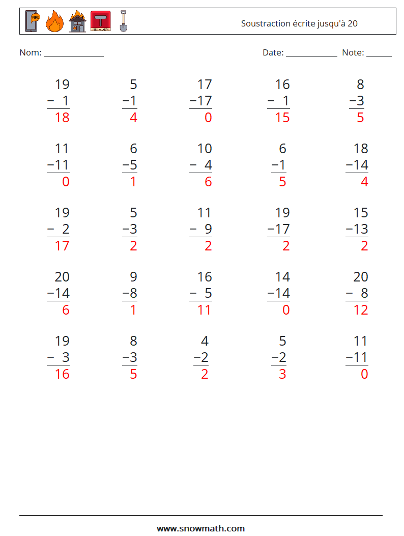 (25) Soustraction écrite jusqu'à 20 Fiches d'Exercices de Mathématiques 3 Question, Réponse