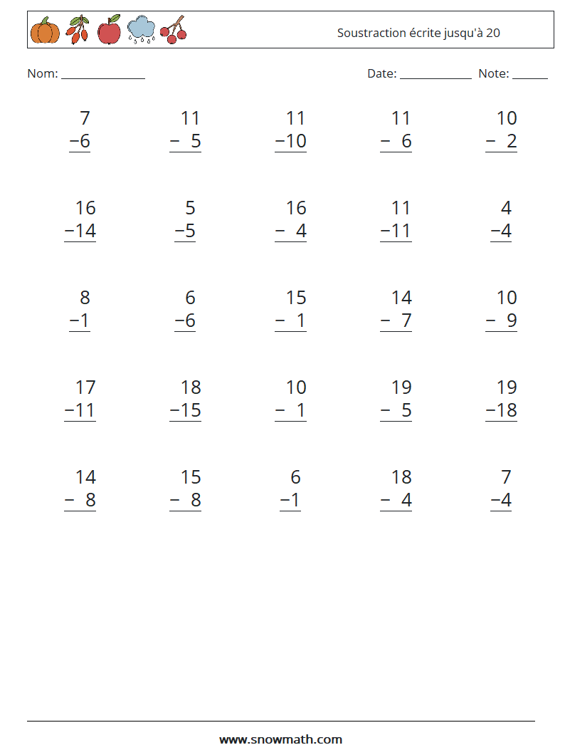 (25) Soustraction écrite jusqu'à 20 Fiches d'Exercices de Mathématiques 4