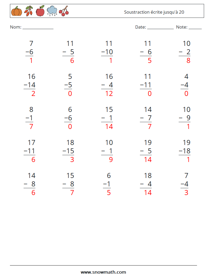 (25) Soustraction écrite jusqu'à 20 Fiches d'Exercices de Mathématiques 4 Question, Réponse