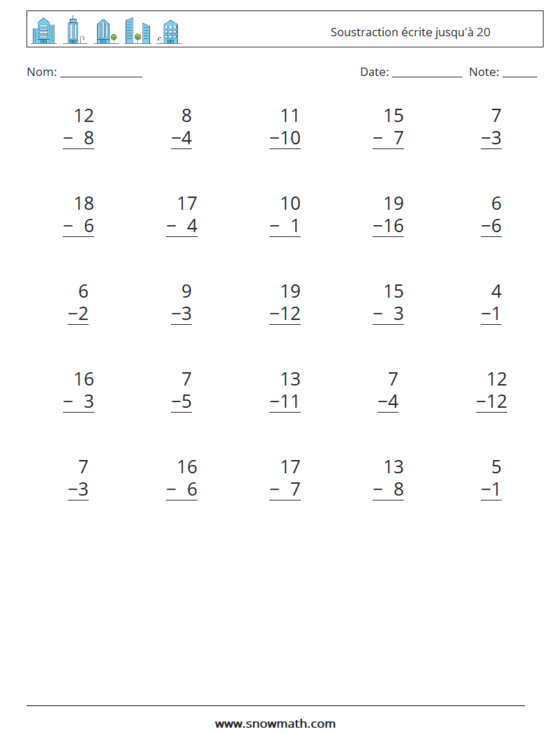 (25) Soustraction écrite jusqu'à 20 Fiches d'Exercices de Mathématiques 5