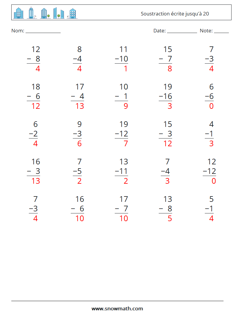 (25) Soustraction écrite jusqu'à 20 Fiches d'Exercices de Mathématiques 5 Question, Réponse