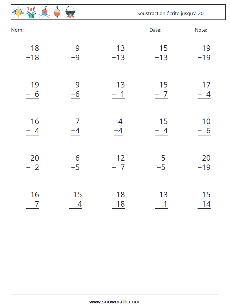 (25) Soustraction écrite jusqu'à 20 Fiches d'Exercices de Mathématiques 6