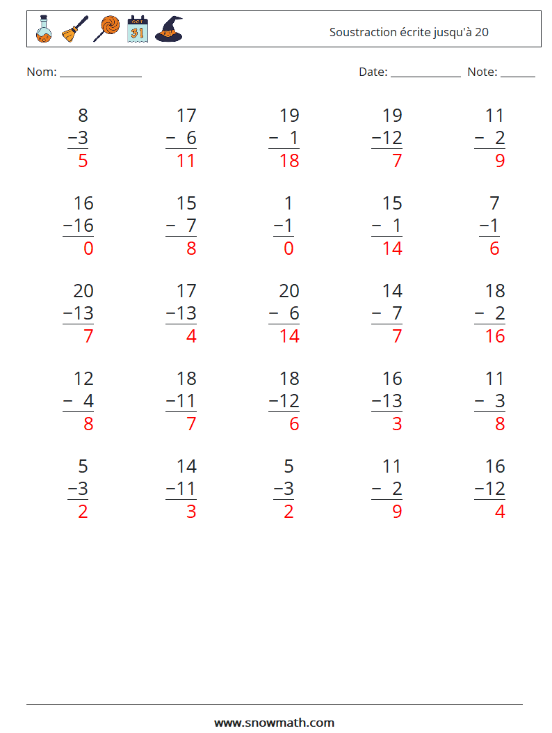 (25) Soustraction écrite jusqu'à 20 Fiches d'Exercices de Mathématiques 7 Question, Réponse