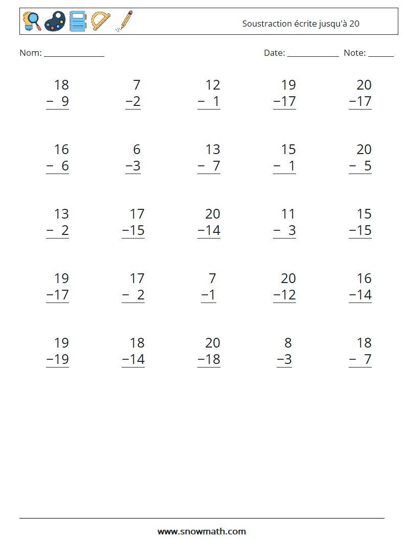 (25) Soustraction écrite jusqu'à 20 Fiches d'Exercices de Mathématiques 8