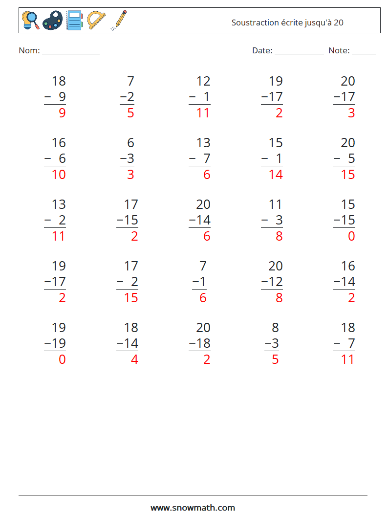 (25) Soustraction écrite jusqu'à 20 Fiches d'Exercices de Mathématiques 8 Question, Réponse