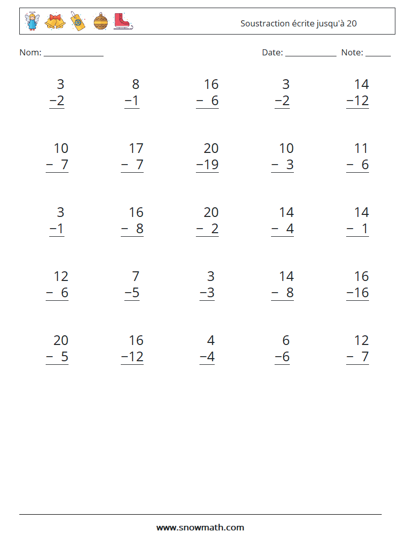 (25) Soustraction écrite jusqu'à 20 Fiches d'Exercices de Mathématiques 9