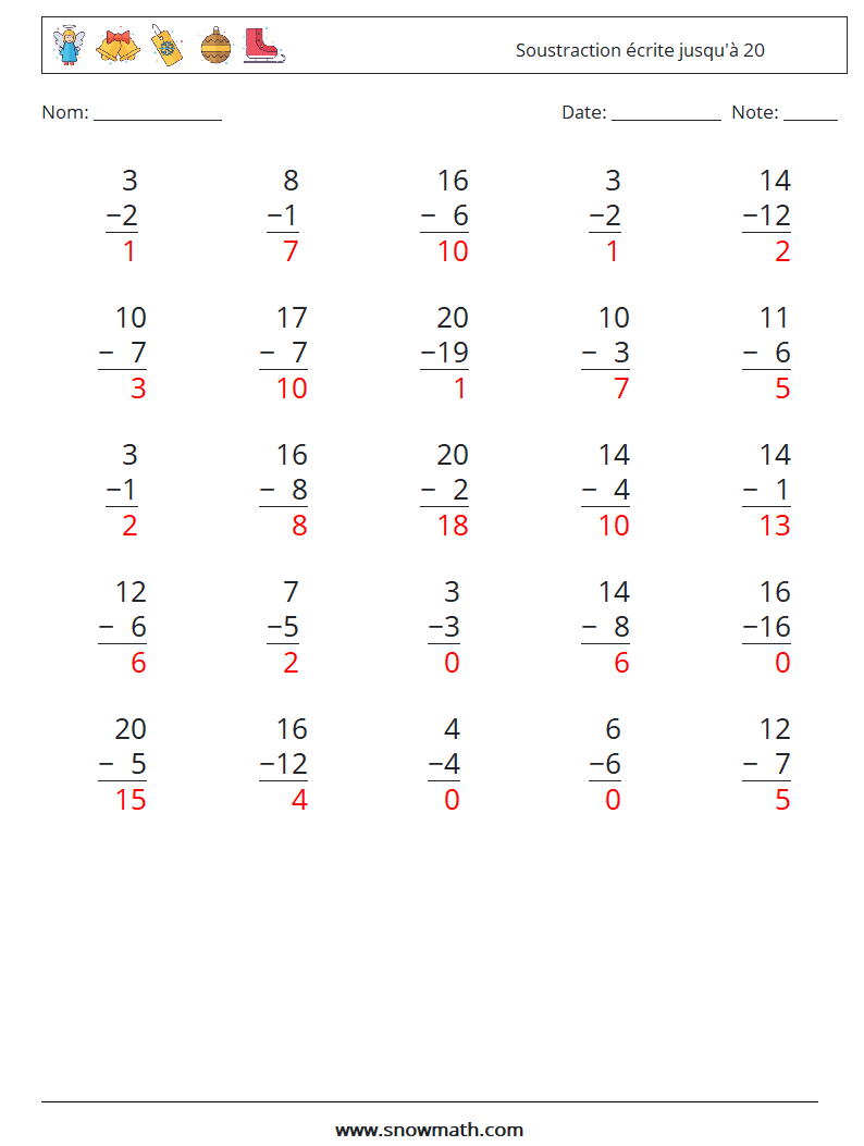 (25) Soustraction écrite jusqu'à 20 Fiches d'Exercices de Mathématiques 9 Question, Réponse