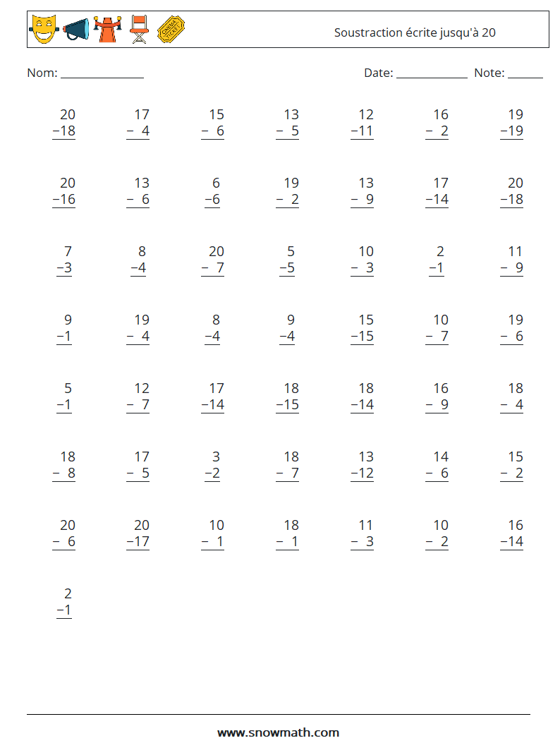 (50) Soustraction écrite jusqu'à 20 Fiches d'Exercices de Mathématiques 10