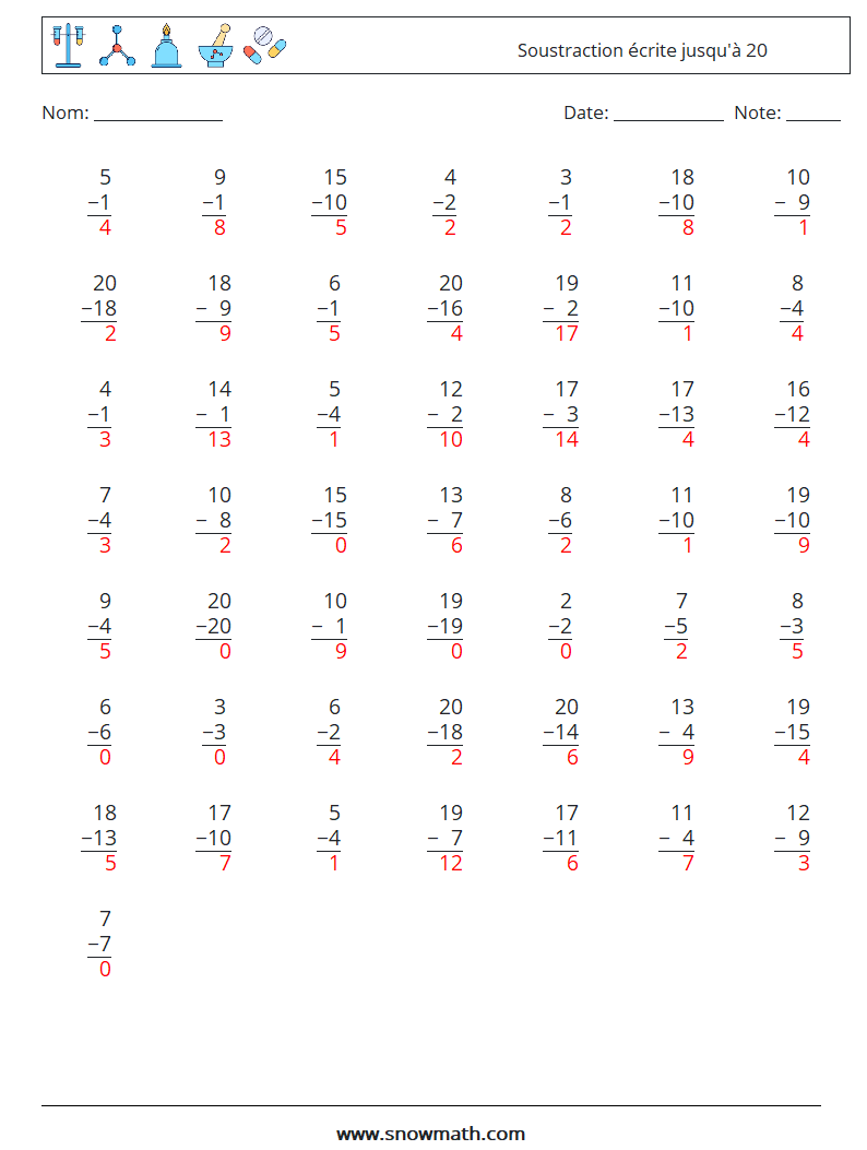 (50) Soustraction écrite jusqu'à 20 Fiches d'Exercices de Mathématiques 2 Question, Réponse