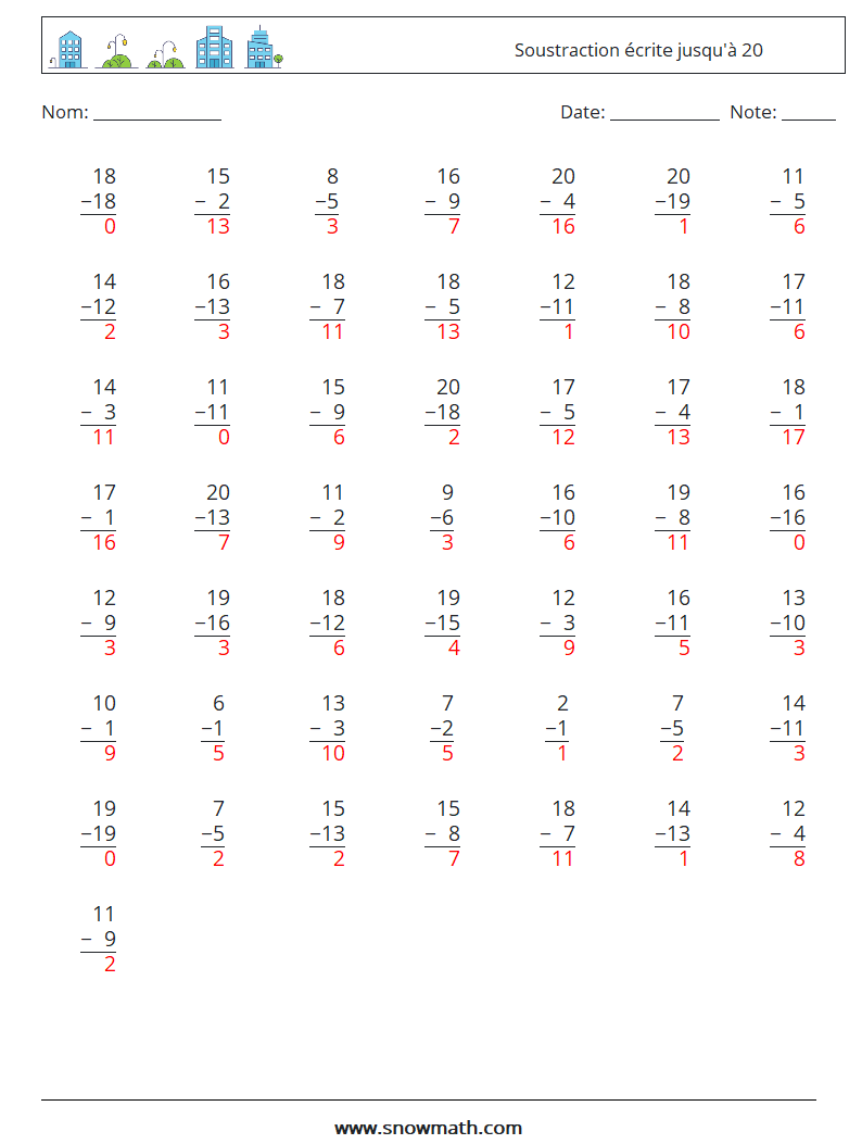 (50) Soustraction écrite jusqu'à 20 Fiches d'Exercices de Mathématiques 8 Question, Réponse