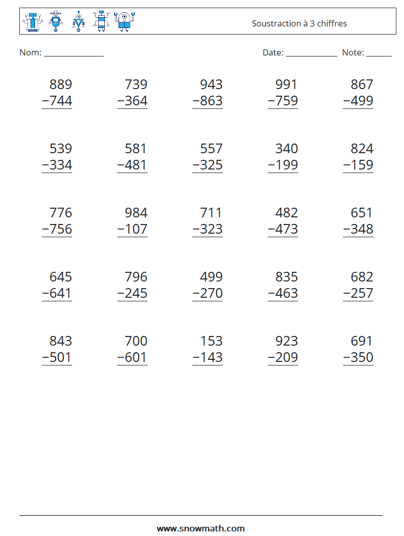 (25) Soustraction à 3 chiffres Fiches d'Exercices de Mathématiques 12