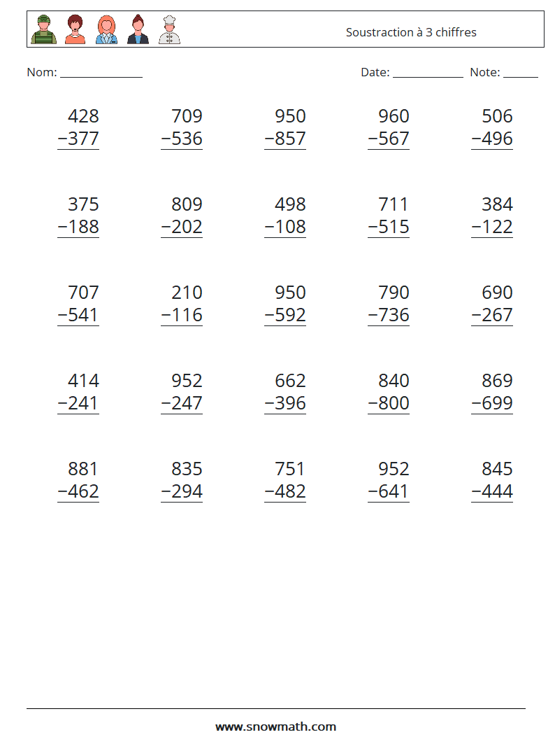 (25) Soustraction à 3 chiffres Fiches d'Exercices de Mathématiques 13