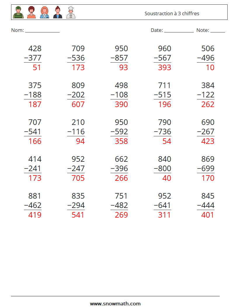 (25) Soustraction à 3 chiffres Fiches d'Exercices de Mathématiques 13 Question, Réponse