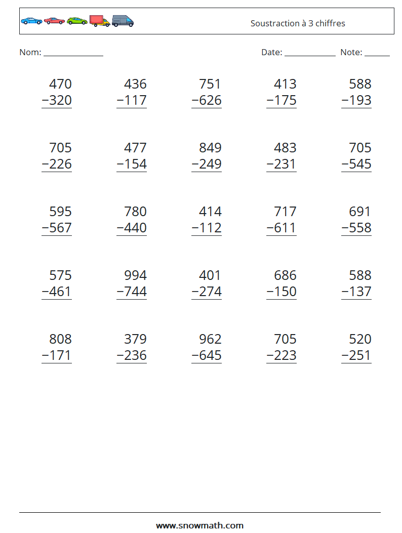 (25) Soustraction à 3 chiffres Fiches d'Exercices de Mathématiques 15