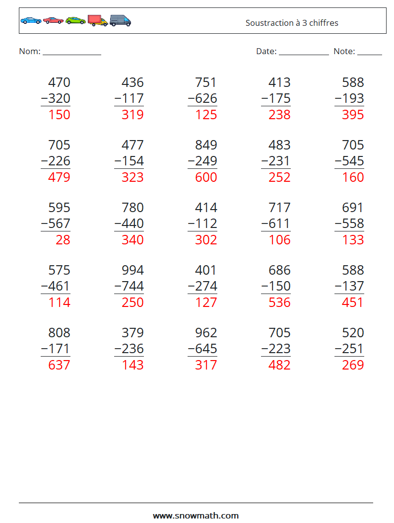 (25) Soustraction à 3 chiffres Fiches d'Exercices de Mathématiques 15 Question, Réponse