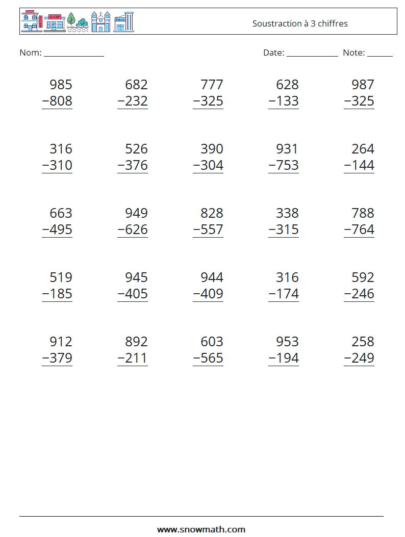 (25) Soustraction à 3 chiffres Fiches d'Exercices de Mathématiques 17